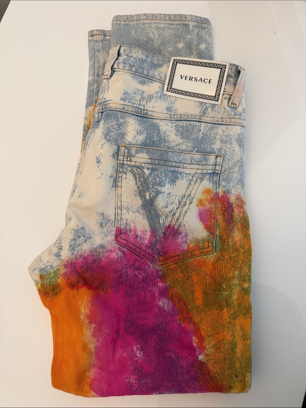 Versace Bleached Denim Jeans with Pink, Orange & Green Splatter